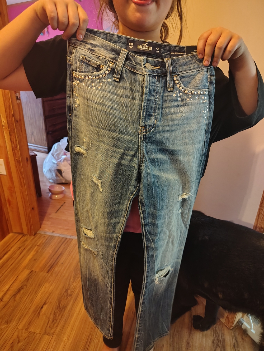 Hollister Women's Light Blue Distressed Skinny Jeans with Rhinestone Trim